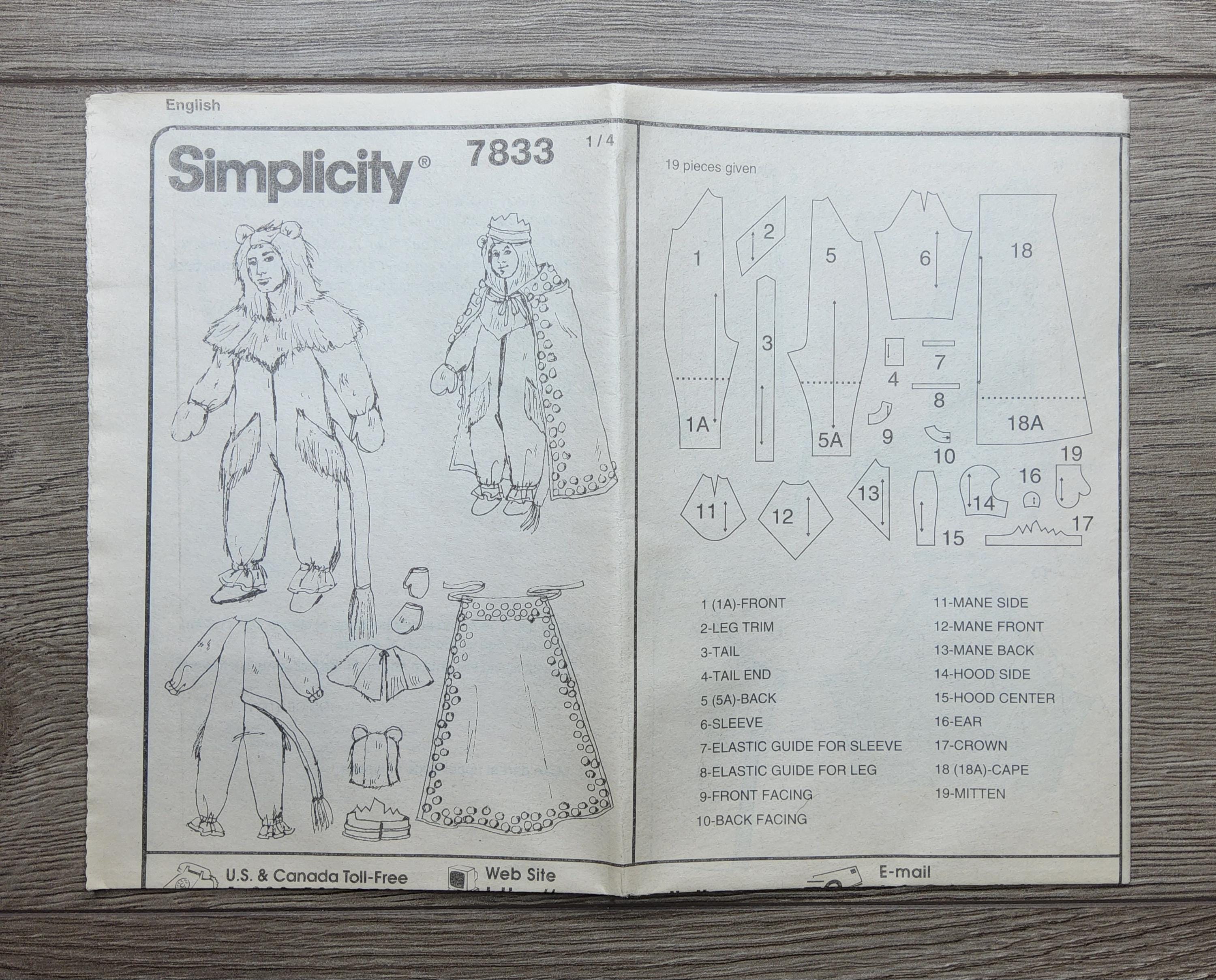 Cowardly Lion Wizard of Oz Costume Sewing Pattern Sz S-L Simplicity ...