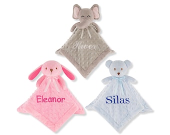 Personalized Animal Lovey Baby Blanket with Custom Embroidered Name -Security Blankets for Babies Baby Shower Luster Boys Girls Blanket Gift