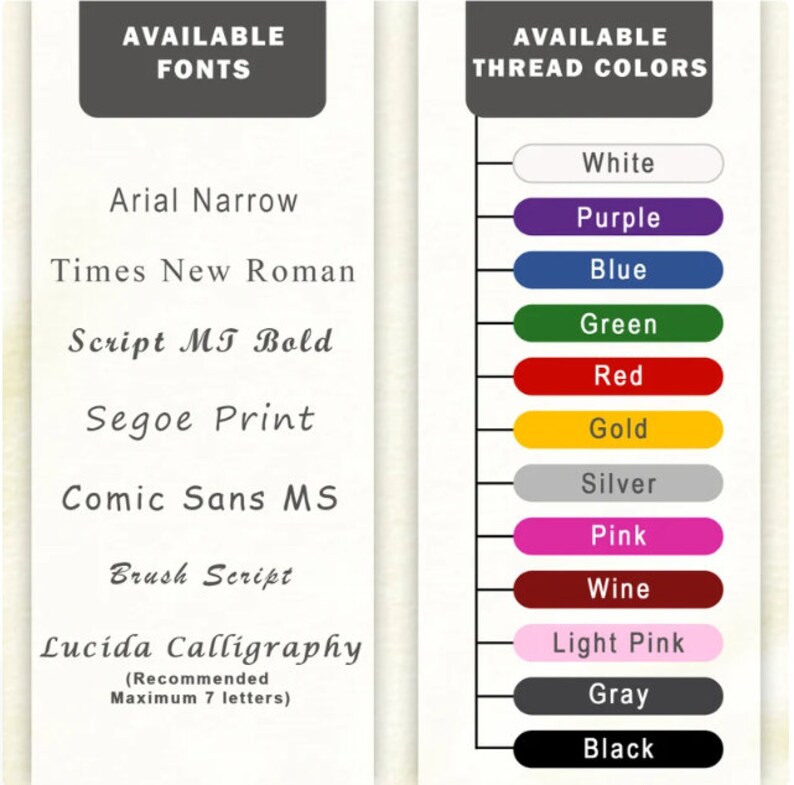 Pu&ograve; includere: Un grafico che mostra i font e i colori del filo disponibili per il ricamo. I font includono Arial Narrow, Times New Roman, Script MT Bold, Segoe Print, Comic Sans MS, Brush Script e Lucida Calligraphy. I colori del filo includono bianco, viola, blu, verde, rosso, oro, argento, rosa, vino, rosa chiaro, grigio e nero.