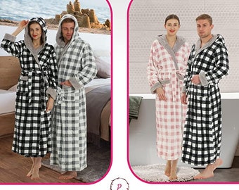 Plaid Hooded Plush Robes for Women and Men Personalize with Name Front & Back -Soft Comfy Luxurious Bathrobes ladies Plush Hooded Robes