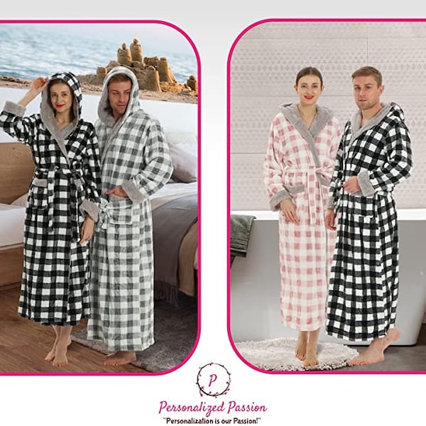 Plaid Hooded Plush Robes for Women and Men Personalize with Name Front & Back -Soft Comfy Luxurious Bathrobes ladies Plush Hooded Robes