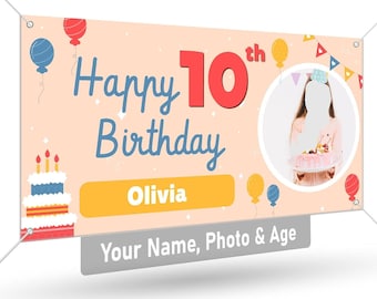 Personalized Happy Birthday Banner with Name, Photo & Age - Customized Banners for Party Decorations - Premium 13oz Vinyl with Grommets