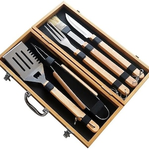 Personalized BBQ Grill Set with Wooden Box - Custom Engraved BBQ Grill Tools Gift Set- Unique BBQ Kitchen Set - 5 Tools Grilling Accessories