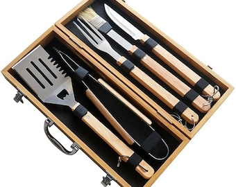 Personalized BBQ Grill Set with Wooden Box - Custom Engraved BBQ Grill Tools Gift Set- Unique BBQ Kitchen Set - 5 Tools Grilling Accessories