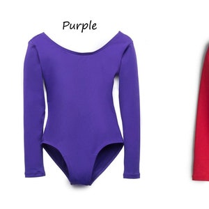 May include: Three long-sleeved leotards in beige, purple, and red.
