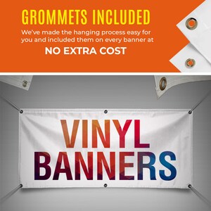 banner personalizado Banner de vinilo personalizado para negocios, graduación, fiestas de cumpleaños, uso en interiores y exteriores Banner de vinilo a todo color de 13 oz imagen 2