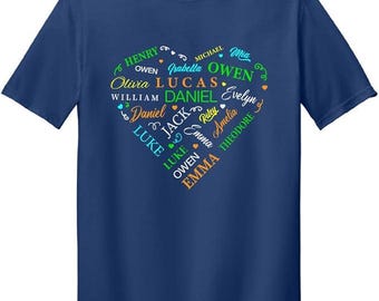 Personalized T-Shirts with 21 Names in Heart Shape - Design Your Own T-Shirt with Your Family/Friends Names for Men & Women