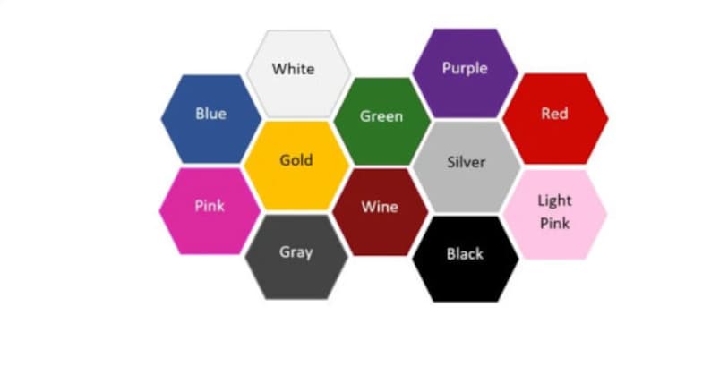 Pode incluir: Uma carta de cores com 12 cores diferentes exibidas em formas hexagonais. As cores s&atilde;o branco, azul, dourado, rosa, cinza, vinho, preto, rosa claro, verde, roxo, prata e vermelho.