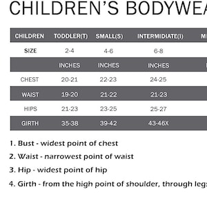 May include: A size chart for children's bodywear, showing measurements in inches for chest, waist, hips, and girth. The chart includes sizes for toddler, small, intermediate, medium, and large.