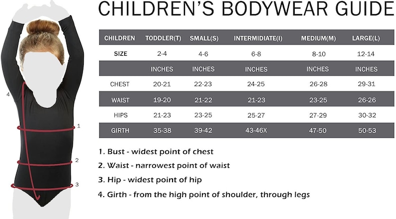 May include: A size chart for children's bodywear, showing measurements in inches for chest, waist, hips, and girth. The chart includes sizes for toddler, small, intermediate, medium, and large.