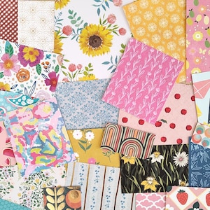 May include: A collage of patterned paper sheets in various designs and colors. Floral, fruit, and geometric patterns are visible, including sunflowers, watermelons, and kites. The color palette includes pink, blue, yellow, and red.