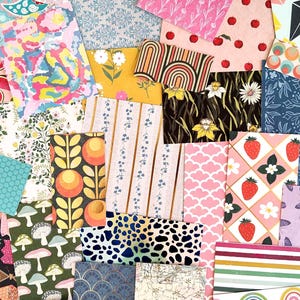 May include: A collage of patterned paper sheets in various designs and colors. The patterns include florals, fruits, geometric shapes, and abstract designs. Colors range from pinks and blues to yellows and greens, creating a vibrant and visually appealing assortment.
