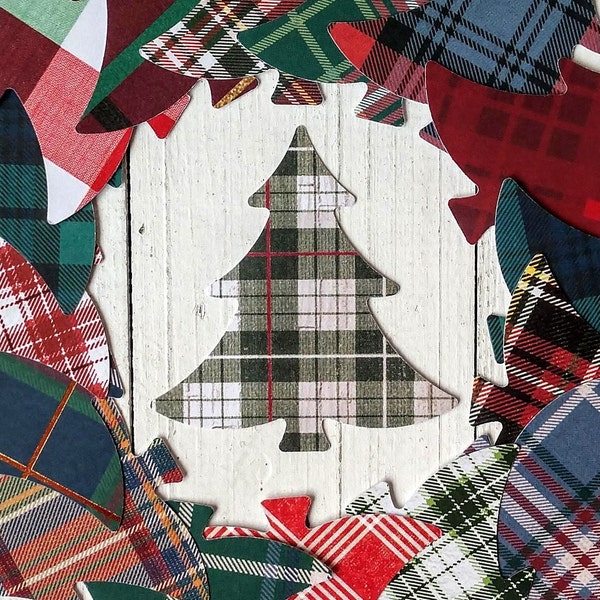 30 Christmas Plaid Tree Die Cuts 2.5", Holiday Tree Banners, Bulletin Boards, Table Decor, Scrapbook, Card Making, Craft Project