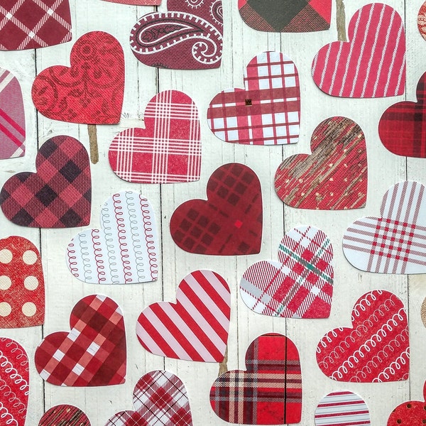 30 Red Patterned Heart Die Cuts, Heart Cutouts, Banners, Bulletin Boards, Journal, Scrapbook, Card Making, Craft Project, Set of 30