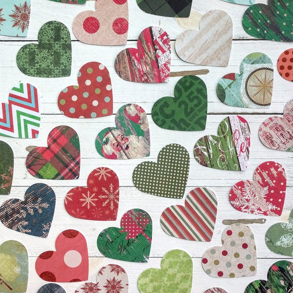 30 Christmas Pattern Heart Die Cuts, Heart Cutouts, Banners, Bulletin Boards, Journal, Scrapbook, Card Making, Craft Project, Set of 30