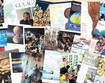 Puede incluir: Un collage de varias páginas de revistas e imágenes. Las páginas presentan diversos temas, incluyendo mapas, figuras históricas, ilustraciones científicas y escenas culturales. La paleta de colores es variada, con una mezcla de tonos vibrantes y apagados.