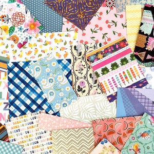 May include: A colorful assortment of patterned paper sheets. Designs include floral, geometric, and alphabet patterns in various colors. Some sheets feature cherries, butterflies, and ice cream cones. Ideal for scrapbooking and crafting projects.