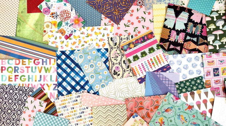 May include: A colorful assortment of patterned paper sheets. Designs include floral, geometric, and alphabet patterns in various colors. Some sheets feature cherries, butterflies, and ice cream cones. Ideal for scrapbooking and crafting projects.