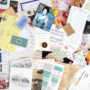 100 Piece Junk Journal Ephemera, Random Lot, Vintage to Modern, Magazine Ads, Book Pages, Office Forms, Game Cards, Die Cuts & More