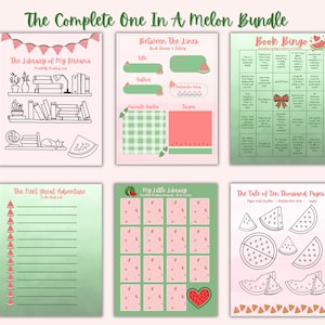 Puede incluir: Un conjunto de seis páginas imprimibles con temática de sandía. Las páginas incluyen listas de lectura, bingo de libros y plantillas de reseñas. El texto "The Complete One In A Melon Bundle" está en la parte superior.