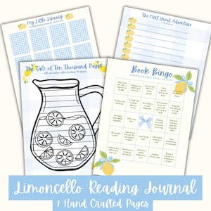 Puede incluir: Un conjunto de siete páginas artesanales de un "Limoncello Reading Journal". Las páginas presentan un patrón de cuadros vichy azul claro y blanco, ilustraciones de limones y texto como "My Little Library" y "Book Bingo".