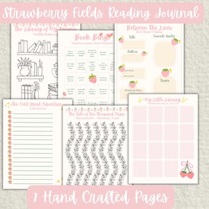 May include: A pink and white Strawberry Fields Reading Journal with seven hand-crafted pages. The journal includes pages for book bingo, favorite quotes, and a library list. The cover text reads "Strawberry Fields Reading Journal."