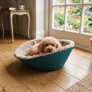 Cama para perros tipo góndola, cama de viaje plegable para mascotas, cama impermeable con aspecto de lino, nido acogedor de felpa para mascotas, decoración moderna para el hogar de mascotas