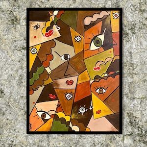 Cubist painting/Cubism/Acrylic on canvas/Colorful painting/Eyes and lips/Wall Art/Wall decor/ready to hang/Living room art/Gift idea