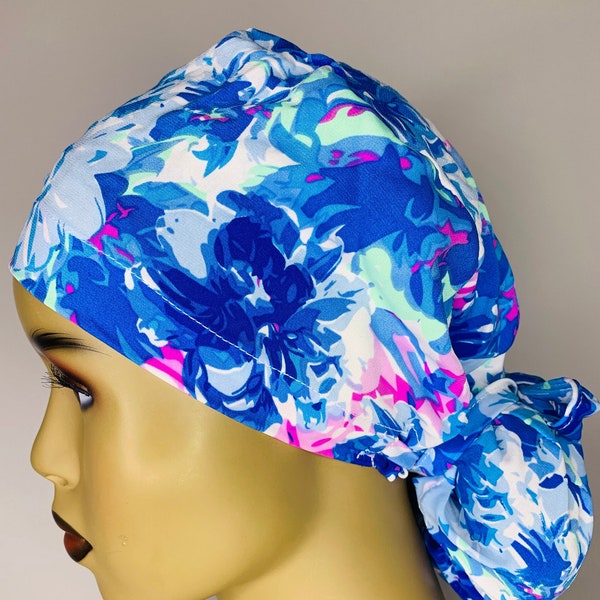 Ponytail Scrub Cap, Satin Lined Scrub Cap, Surgical Caps with buttons, Surgical Cap with ponytail holder, Scrub caps for women.