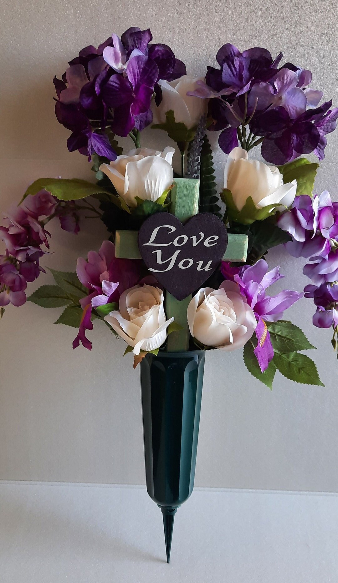 Graveyard Vase Purple and Ivory Memorial Flowers With Cross Etsy