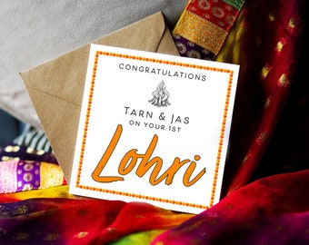 Congratulations on your 1st Lohri Marigolds... Punjabi Lohri Collection: Illustration Card, Punjabi Greeting Card, Punjabi Lohri Card