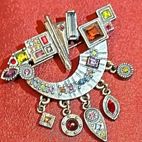 Vintage Patricia Locke Multi-Color Crystal Brooch with Dangles.