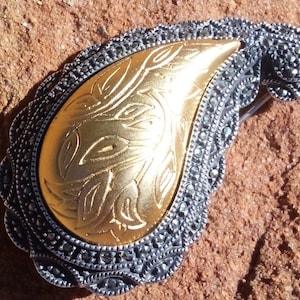 Vintage Judith Jack Marcasite Sterling Silver Gold Plate Etched Floral Brooch