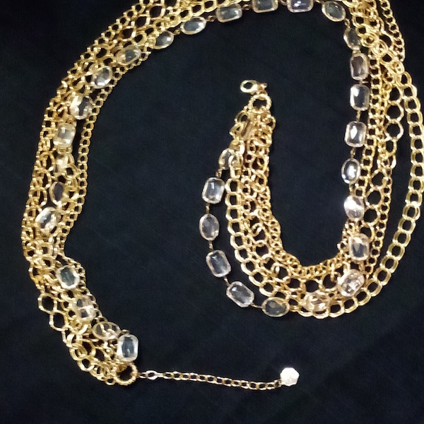 Vintage R J Graziano Five Strand Gold Tone Chain & Crystal Necklace
