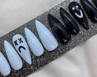 pic Black And White Smiley Face Nails Coffin black white nails etsy