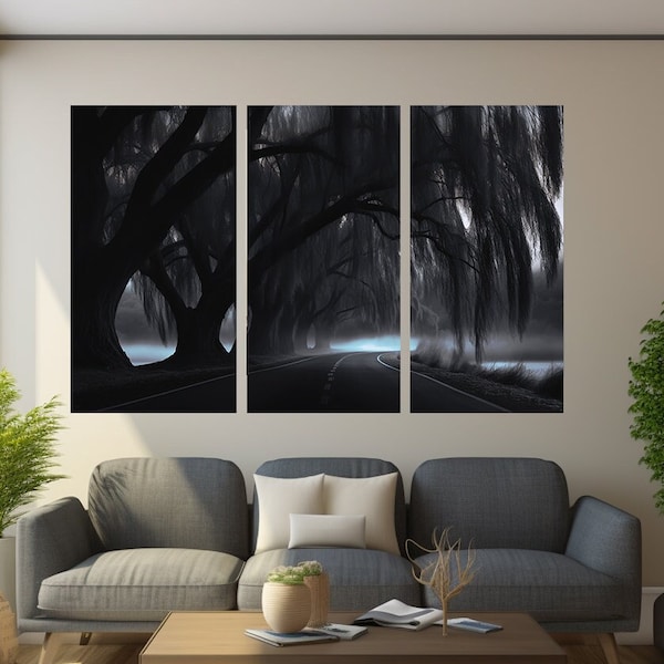 Black and White. Weeping Willow Fog, Scenic Photography Staging, Office Wall Decor and Interior Design, Foyer, Den, Man Cave, Nature Print