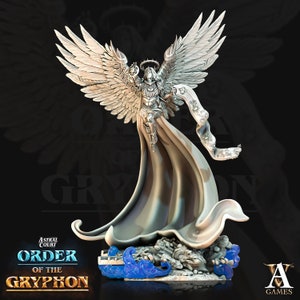 May include: A white, winged angel figure with a halo, holding a staff and a scroll. The angel is wearing a flowing robe and standing on a base with blue accents. The text "Astral Court Order of the Gryphon" is visible in the image.
