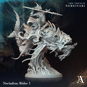May include: A gray, detailed miniature of a creature with a rider. The creature is a fish-like monster with fins and a large mouth. The rider is a humanoid figure with a spear. The text "THE TRENCH NEREIVARI" is visible in the upper right corner of the image. The text "Neriadrac Rider 1" is visible in the lower left corner of the image.