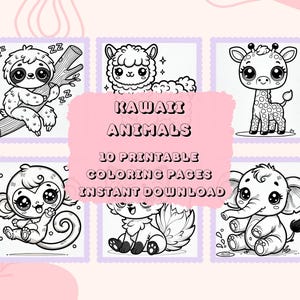 Kawaii Animals Coloring Pages| 10 pages | Printable Coloring Book | Instant Download PDF