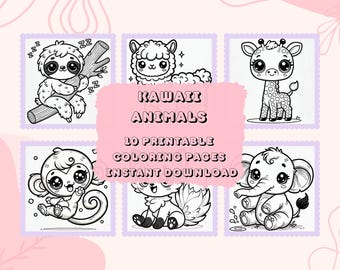 Coloriages d'animaux kawaii | 10 pages | Livre de coloriage imprimable | Téléchargement instantané PDF