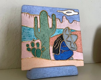 Vintage Jay-Kay Molds Southwestern Ceramic Art Tile with Stand