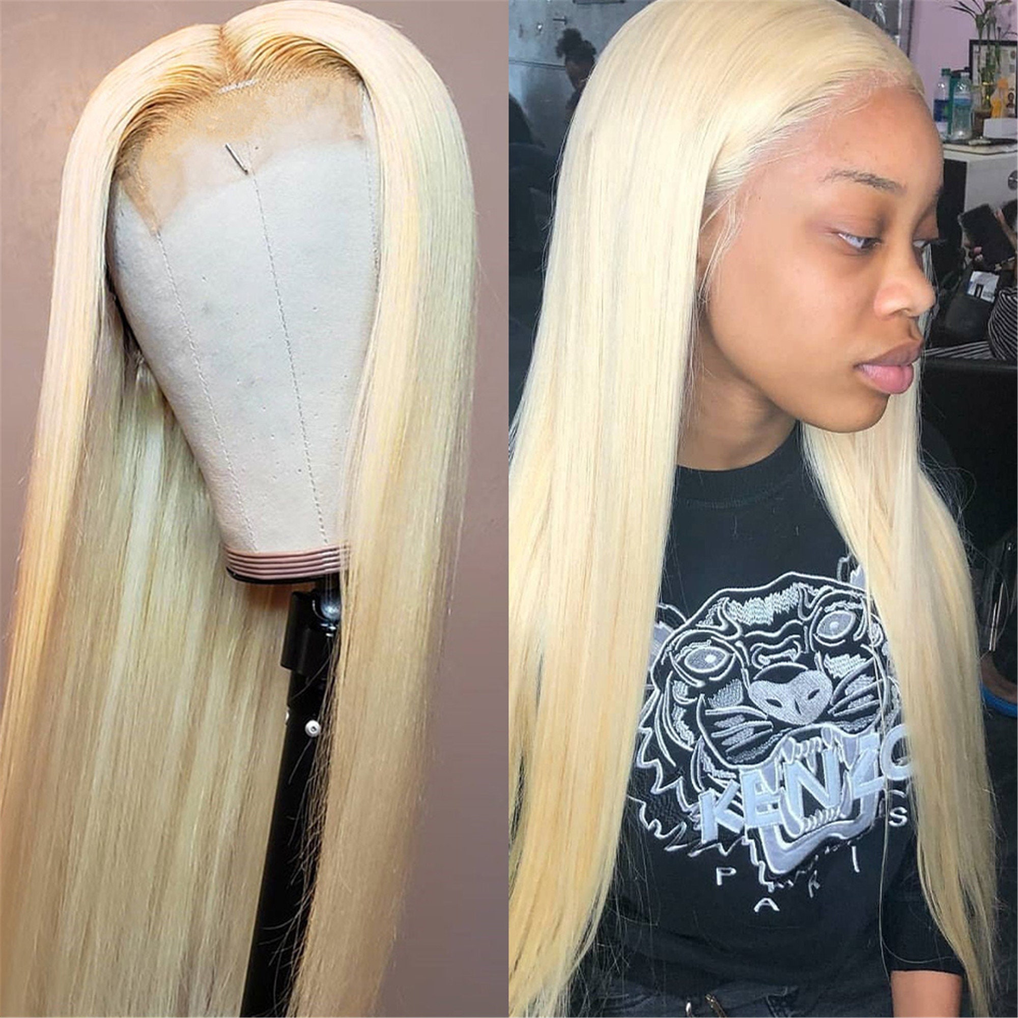 Straight 4x4 Lace Closure Wig Transparent 613 Blonde Lace Etsy