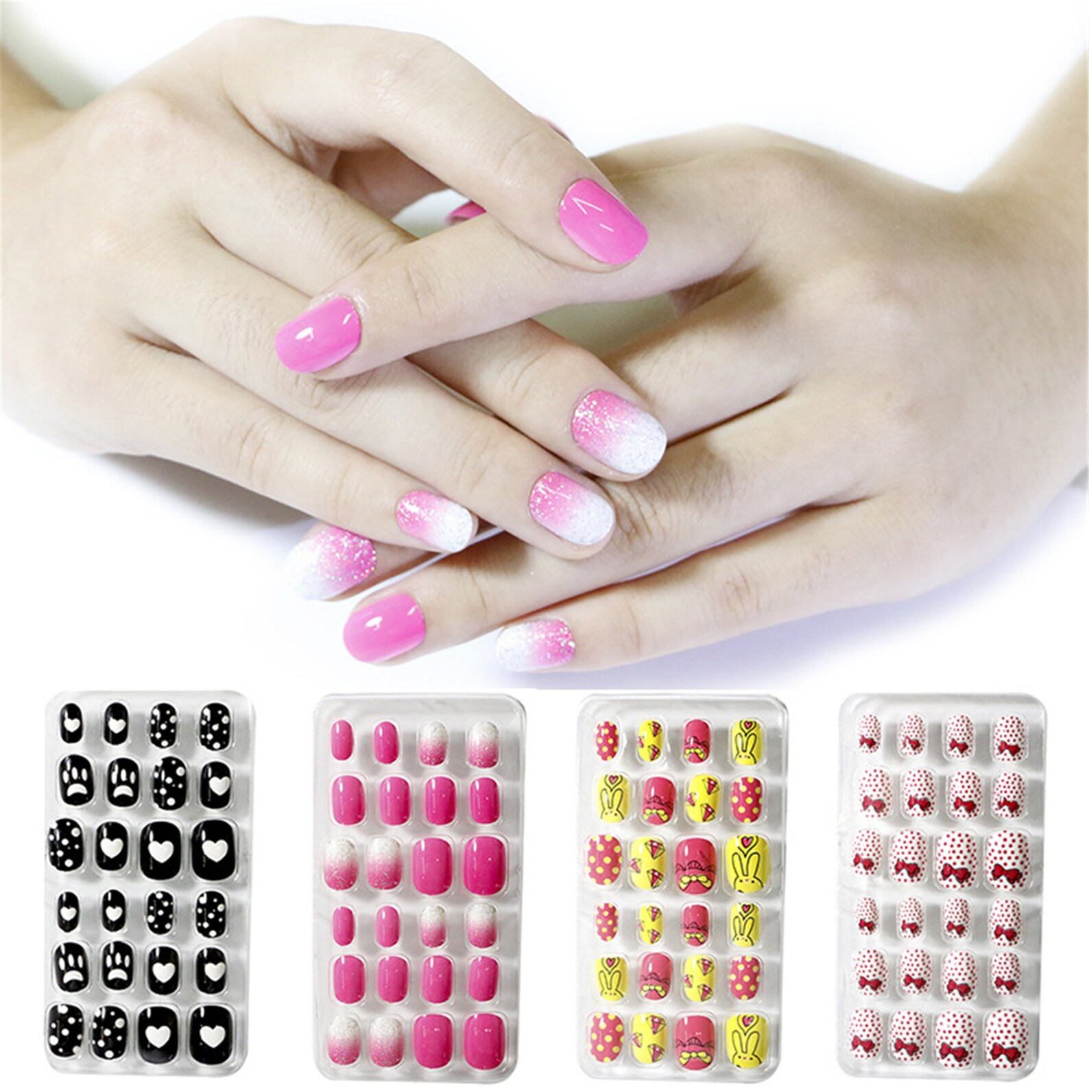 24Pcs/box Kids Cover False Nails Press On Self Adhesive Nail Etsy