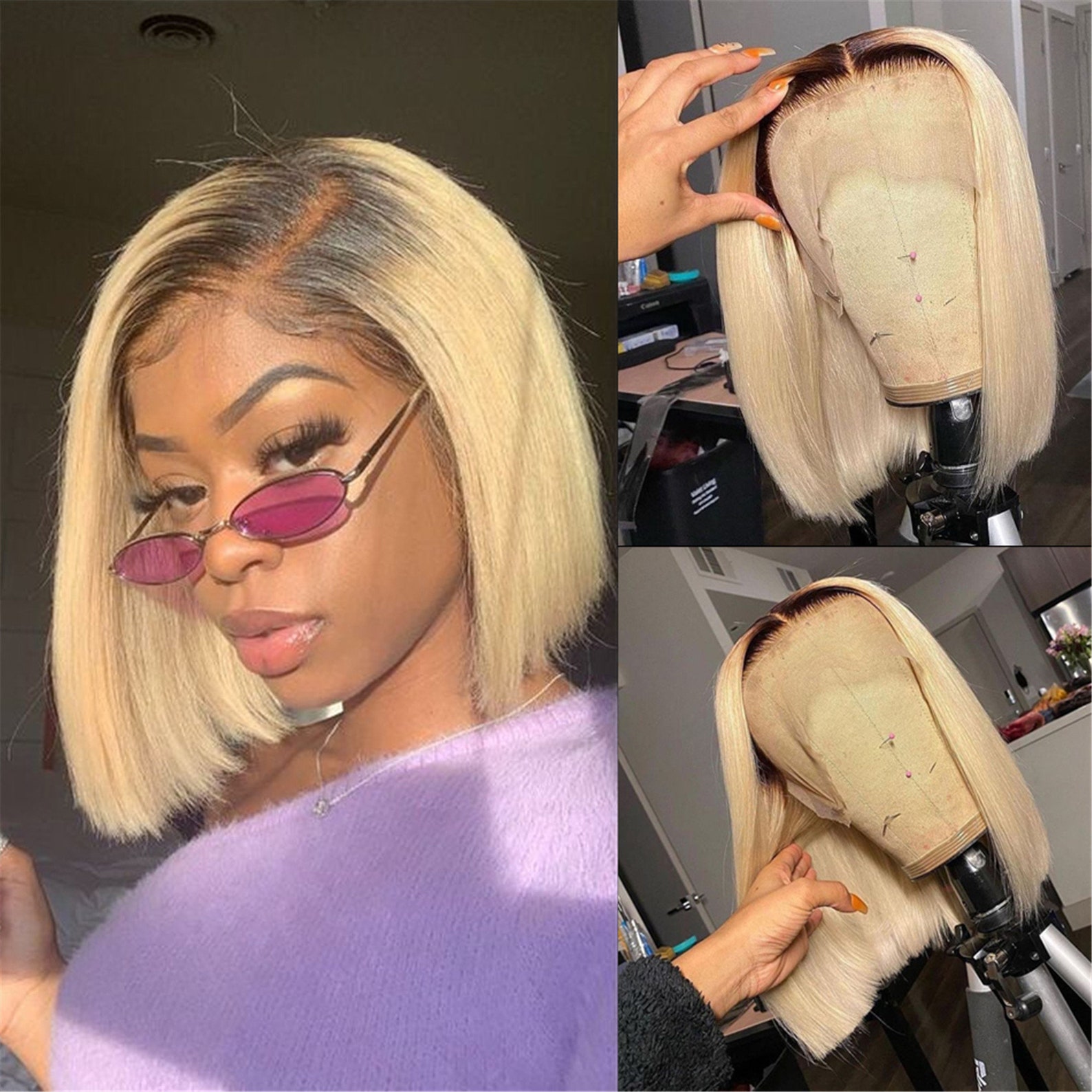 Black Blonde Short Wigs Straight Colored Lace Part Human Hair | Etsy