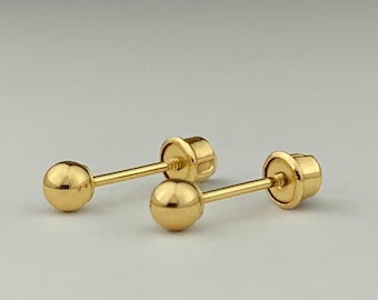 14k Solid Gold Ball Ear Studs with Screw Backing, 3mm, 4mm, 5mm, 6mm Plain Real Gold Minimalist Ball Studs With Screw Backing