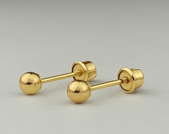14k Solid Gold Ball Ear Studs with Screw Backing, 3mm, 4mm, 5mm, 6mm Plain Real Gold Minimalist Ball Studs With Screw Backing