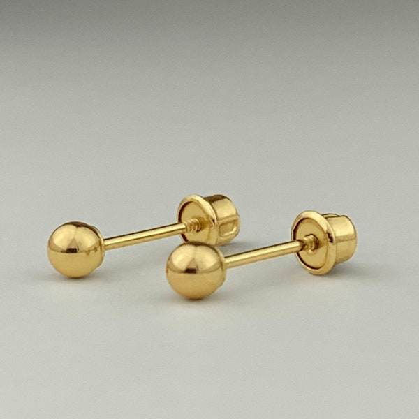 14k Solid Gold Ball Ear Studs with Screw Backing, 3mm, 4mm, 5mm, 6mm Plain Real Gold Minimalist Ball Studs With Screw Backing