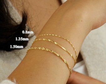 Pulsera de cadena trenzada de oro macizo de 10k, pulsera de cadena delicada de oro auténtico, pulsera apilable de cadena Singapur, pulsera minimalista de oro para mujer