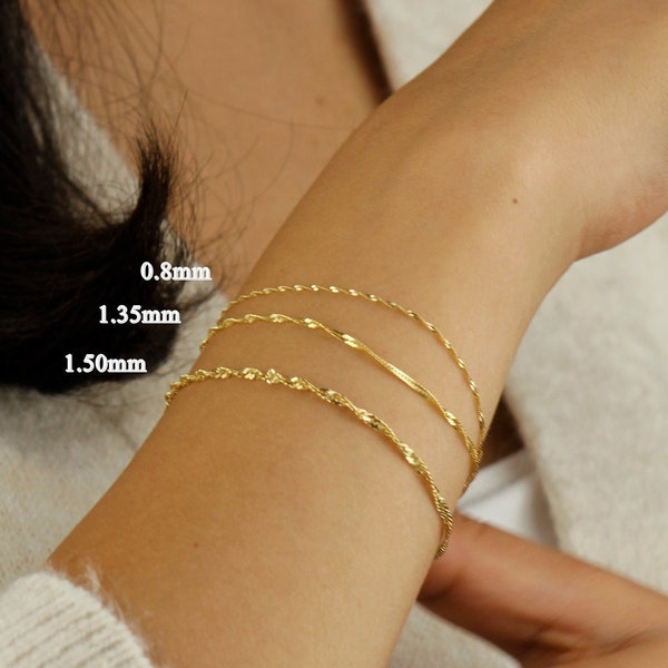 Pulsera de cadena retorcida de oro macizo de 10k, pulsera de cadena delicada de oro real, pulsera de cadena apilable de Singapur, pulsera de oro minimalista para mujeres