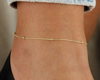 10k Solid Gold Satellite Chain Anklet, Real Gold Ball Anklet, Dainty Anklet for Women, Everyday Minimalist Gold Anklet, Gold Bead Anklet